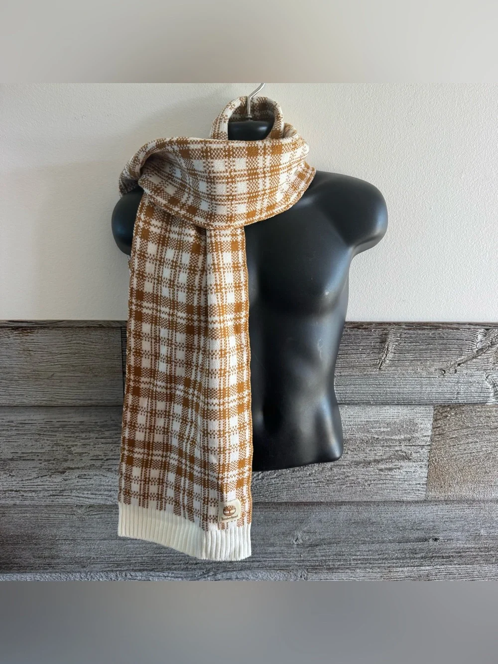 Timberland Mustard Cream Plaid Knit Scarf Unisex Winter Acrylic OS MSRP $60 NWT